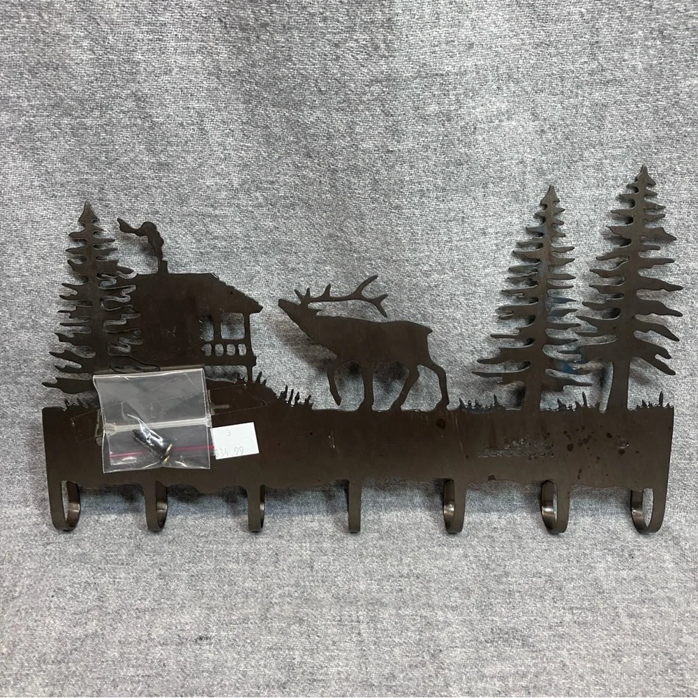 Elk Deer Woodland Metal Art Hanging Coat Hooks Hat Rack Key Holder Signed Cabin